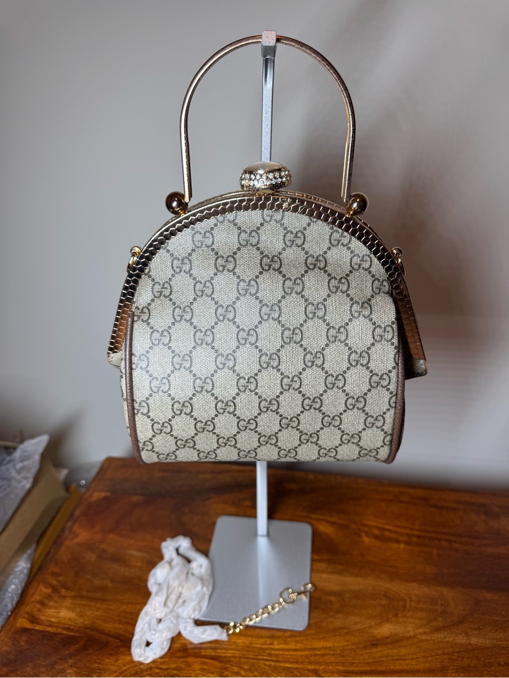 Brown Top-Handle Bag with Gold Hardware. No Brand.